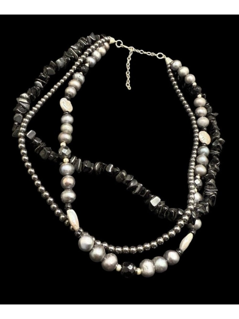 925 Multi Gemstone Triple Strand Necklace Cultured Pearl Black Onyx Adjustable